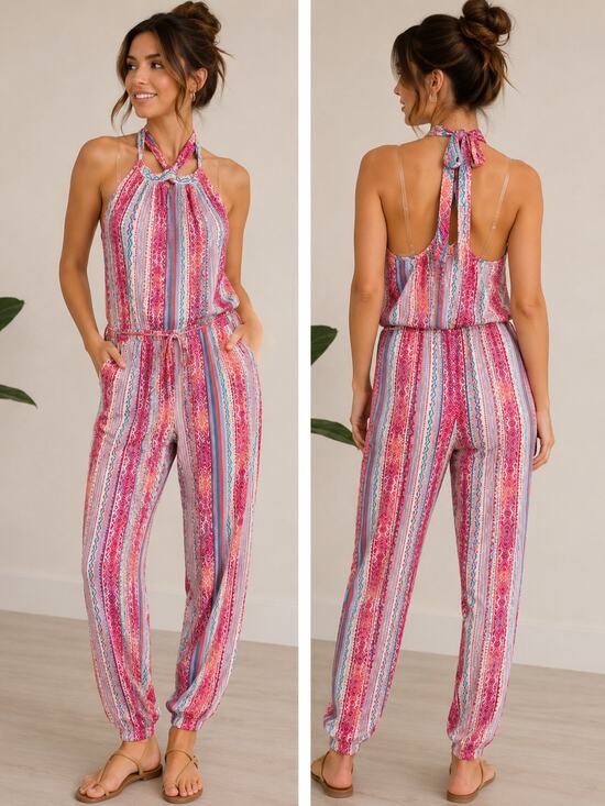 Savanna Jane Pants - Savanna Jane Halter Jumpsuit Boho Print Tie Waist Tapered Leg Small